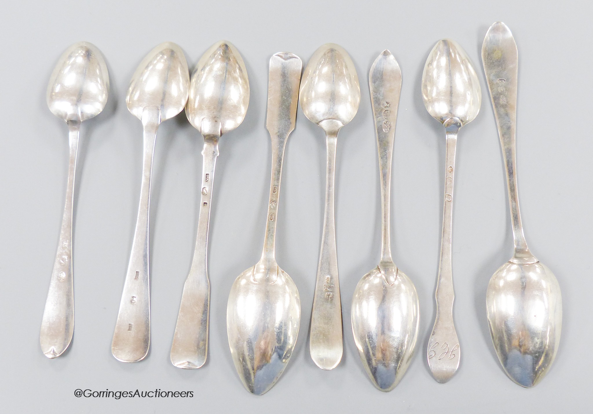 Four assorted 19th century Scottish provincial teaspoons, Alex Campbell(2), John Clark & John Heron, all Greenock, longest 15.1cm and four similar Paisley spoons, William Hannay(3) and John Allen, gross weight 103 grams.